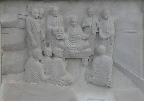 Later depiction: a modern Buddhavanam relief showing Dignāga teaching Buddhist logic. Portrait of Dignāga